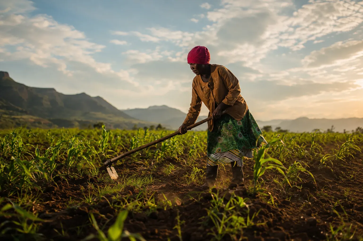 Farmer using a hand hoe in a field